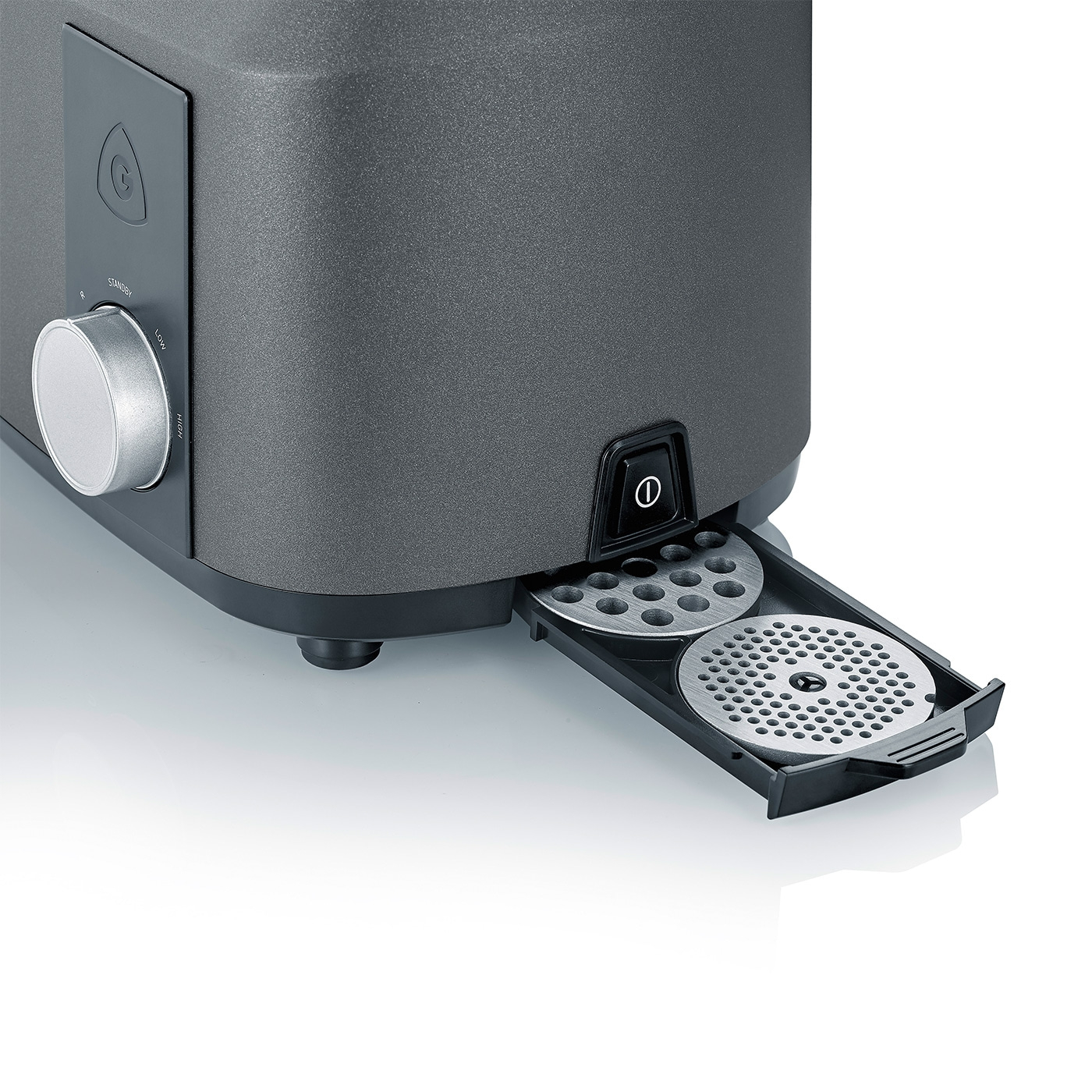 Meat grinder, gray, close-up, detail, control panel, buttons, drawer, metal plates, kitchen appliance