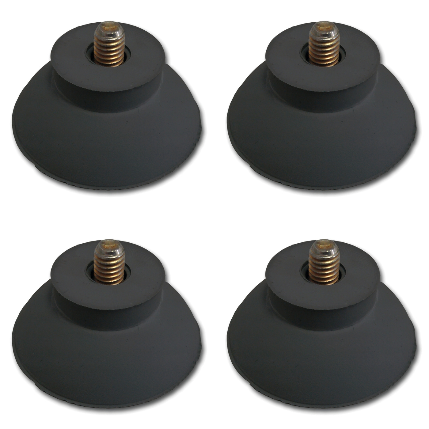 Four gray suction cups with screws, isolated on a white background.