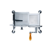 Trancheuse à viande, métal, manche en bois, appareil de cuisine, isolé, fond blanc, gros plan