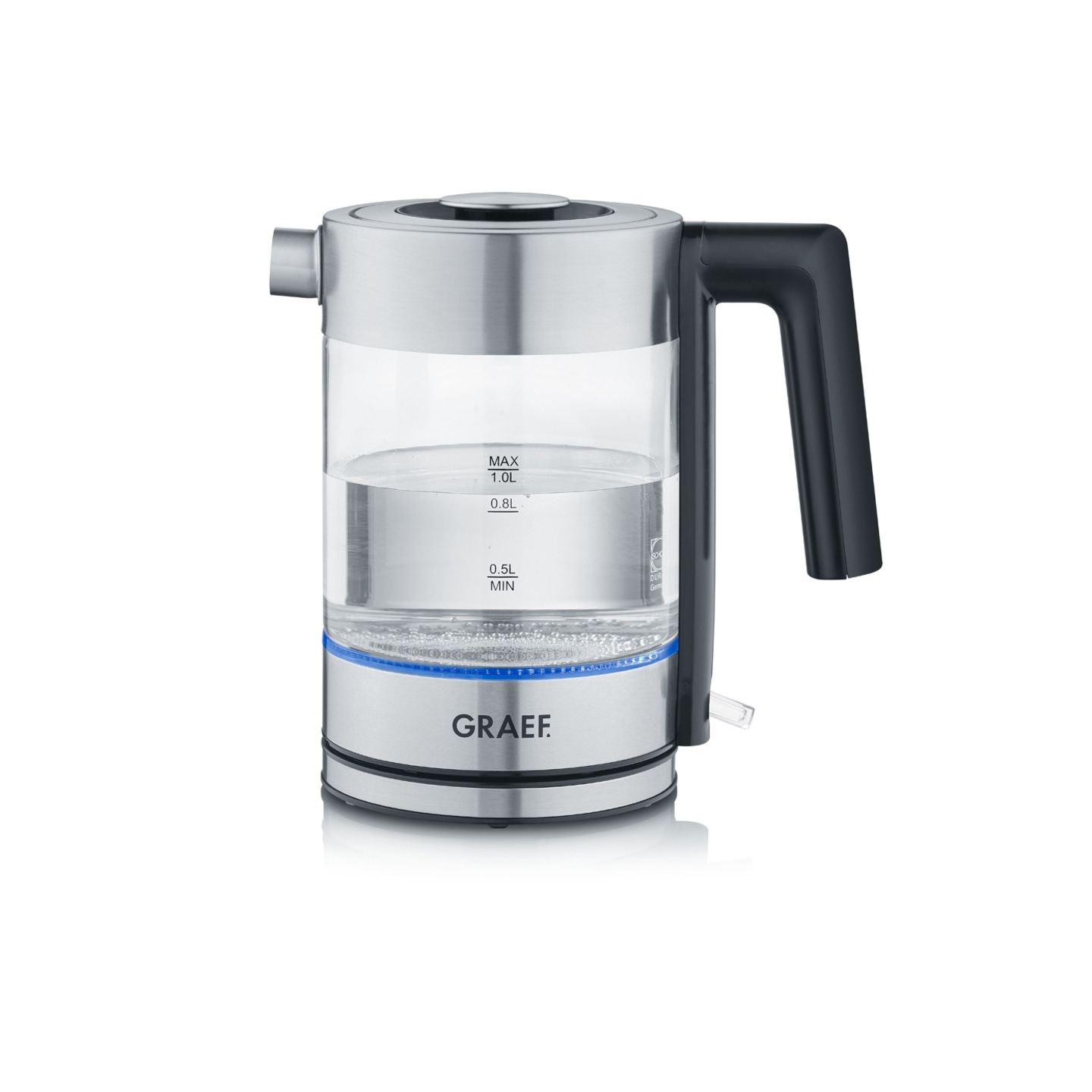 Bouilloire électrique en verre et acier inoxydable avec poignée et logo GRAEF