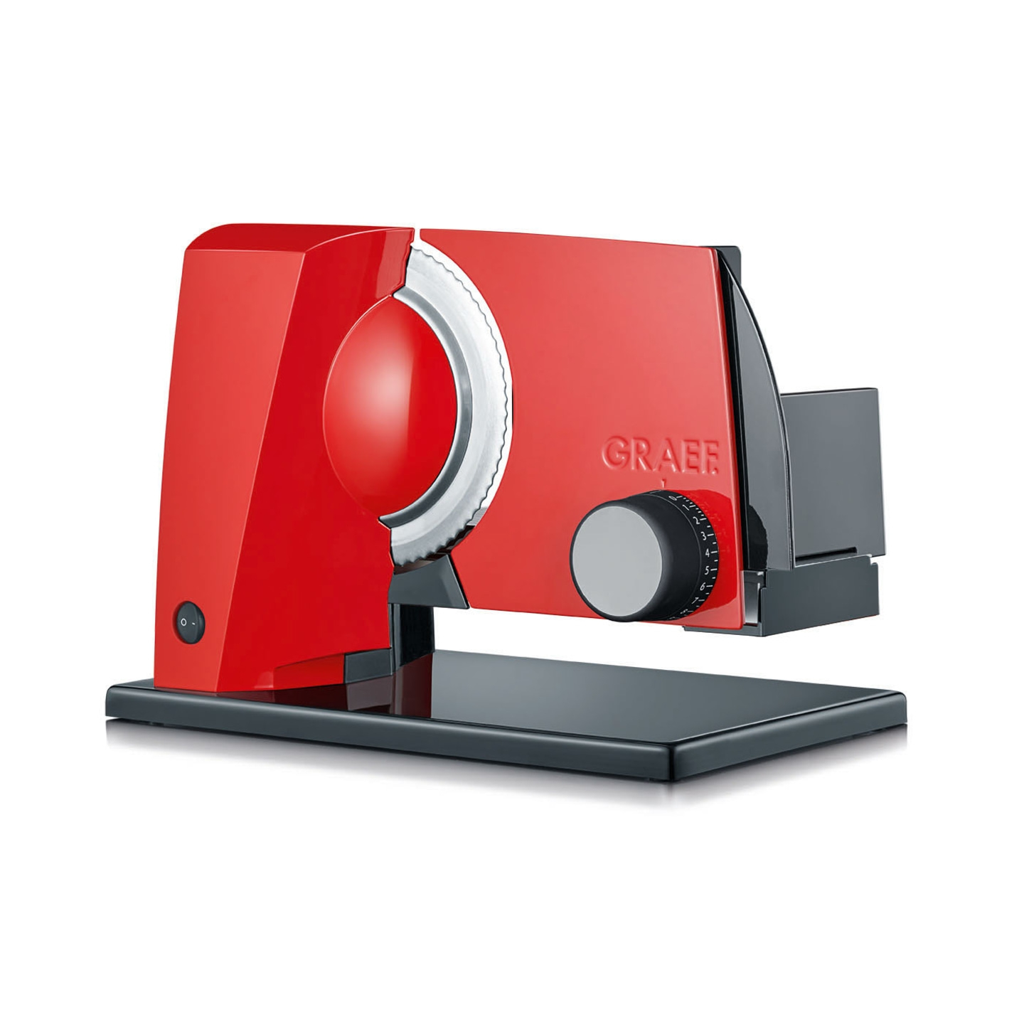 A red Graef food slicer with a silver blade and black base.