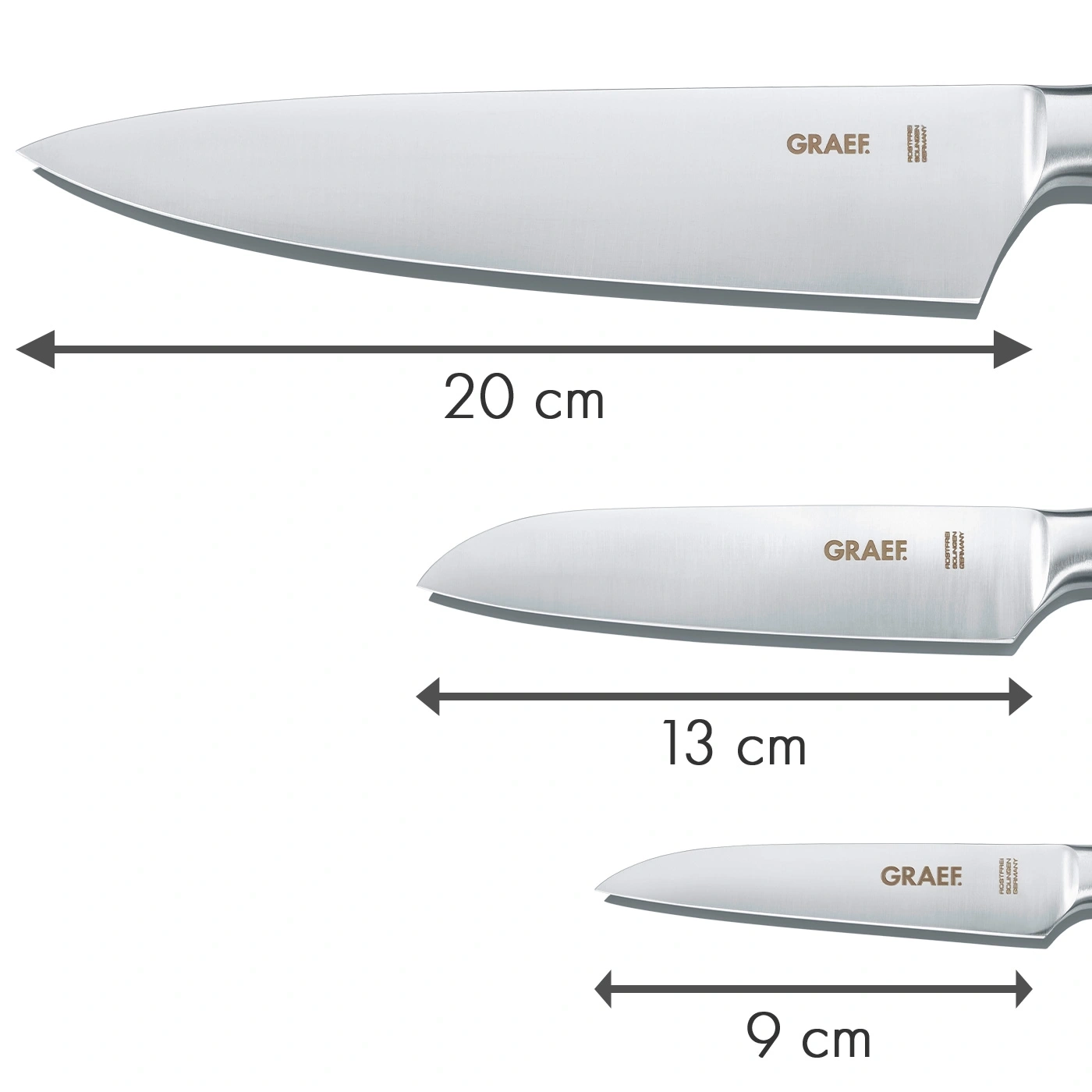 Couteaux avec longueurs: 20 cm, 13 cm, 9 cm. Marque: GRAEF. Inoxydable Solingen Allemagne.