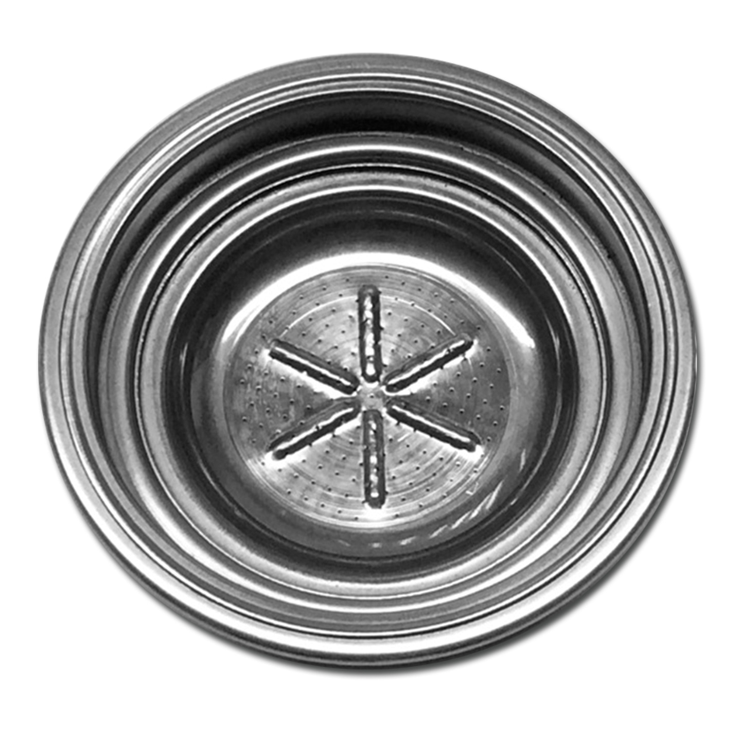 Metal filter with holes and star pattern inside a round container