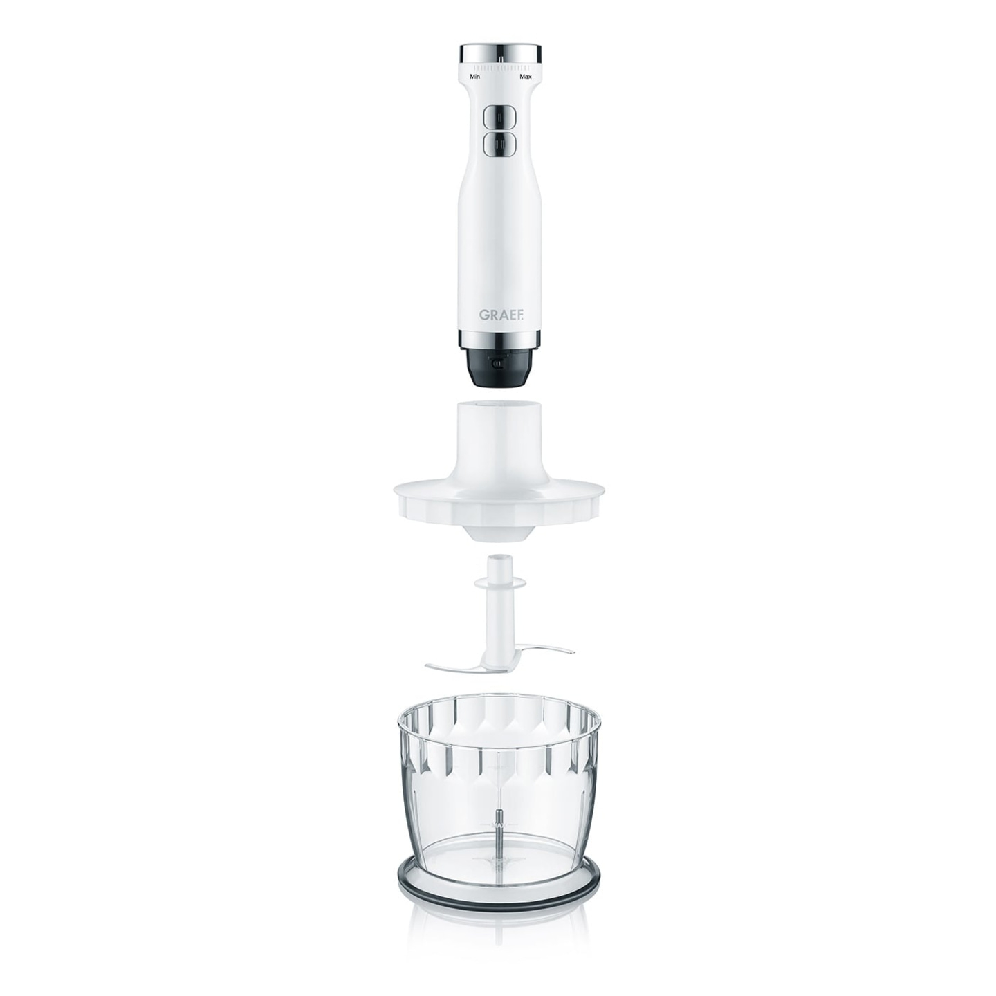 White disassembled immersion blender with accessories, GRAEF, isolated, kitchen appliance