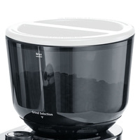 Moulin à café avec grains, marque max, sélection de mouture, couvercle blanc, récipient noir.