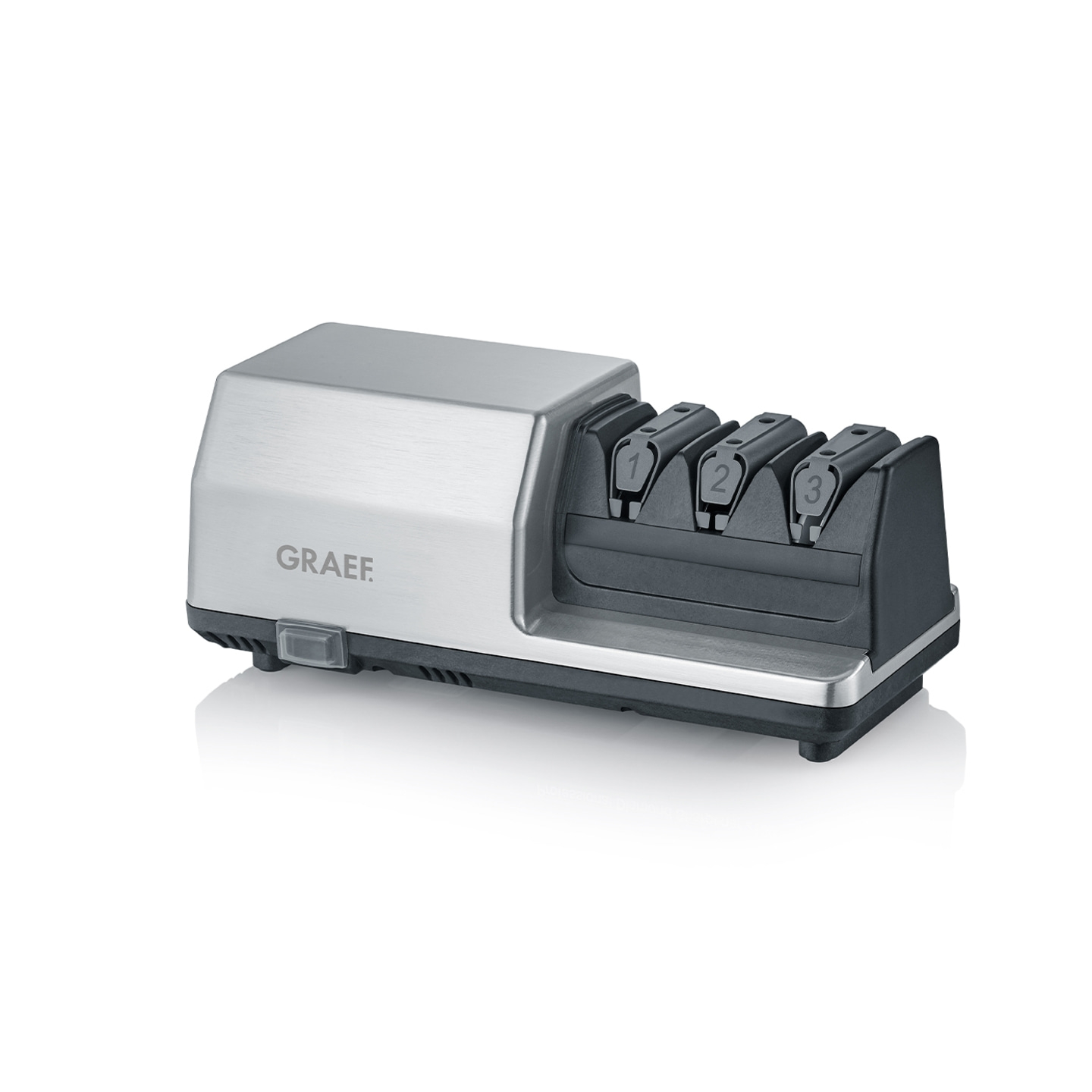 Affilacoltelli elettrico argento con tre posizioni di affilatura, elettrodomestico da cucina, marchio GRAEF