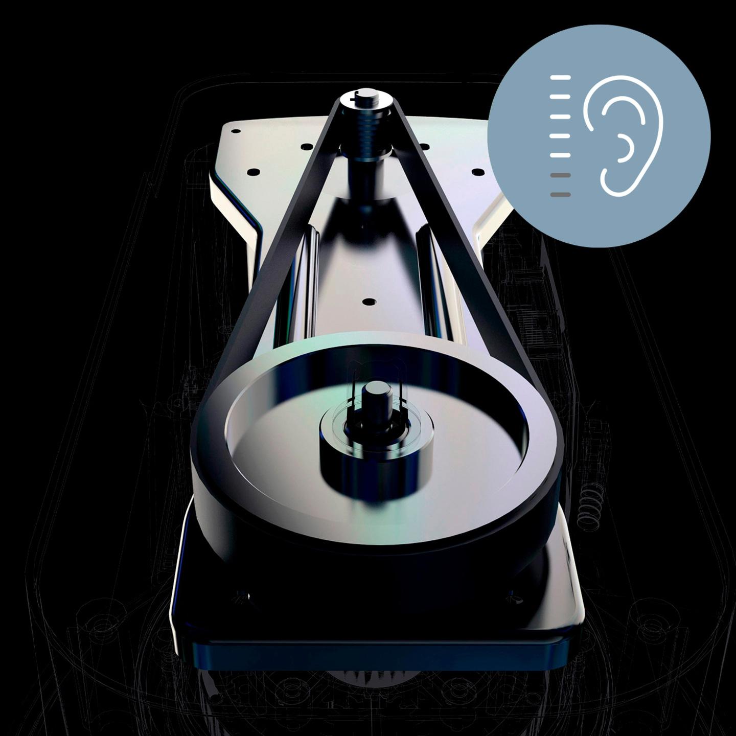 Gros plan d'une platine vinyle à entraînement par courroie et symbole d'oreille