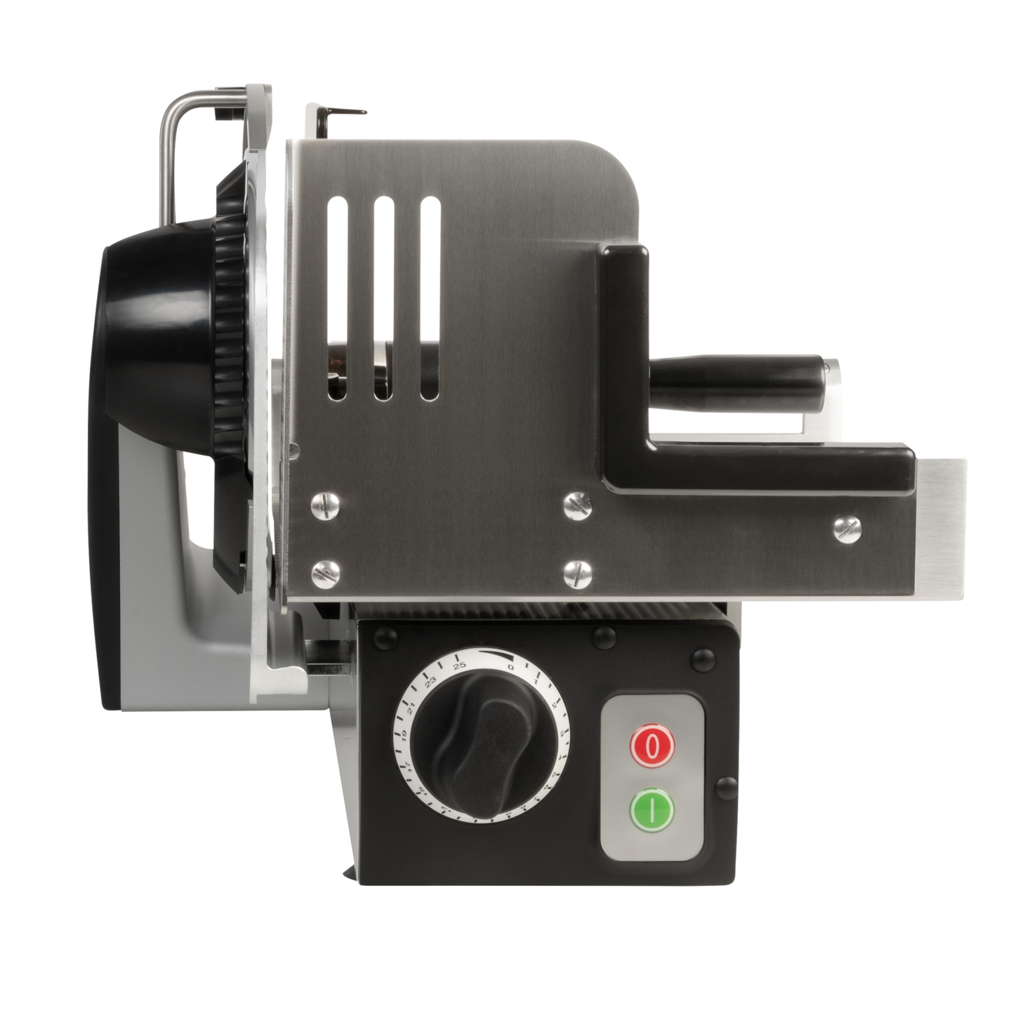 Affettatrice, ripresa ravvicinata, manopole, interruttori, acciaio inossidabile, nero, sfondo bianco