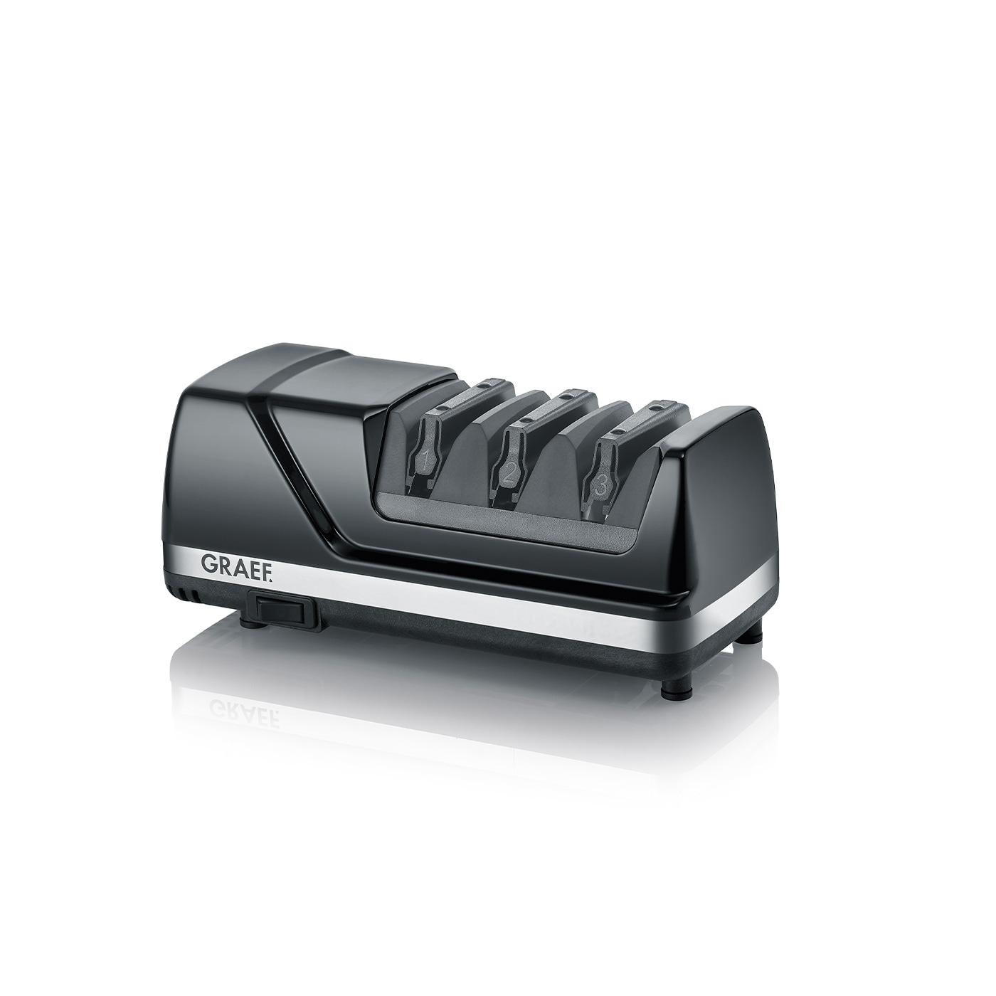 Black electric knife sharpener with GRAEF logo and three sharpening areas.