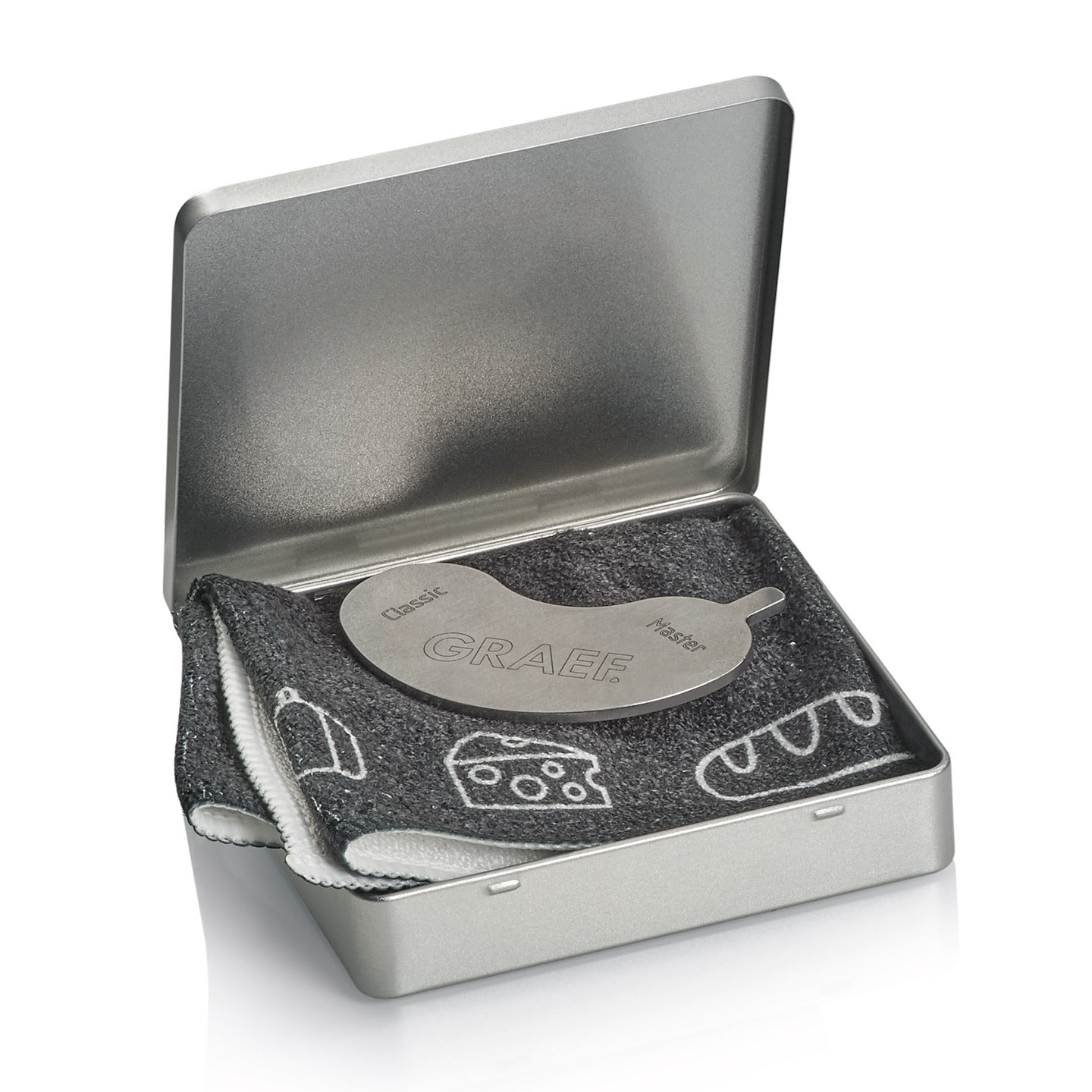 Scatola metallica con utensile e panno, logo GRAEF, per alimenti.