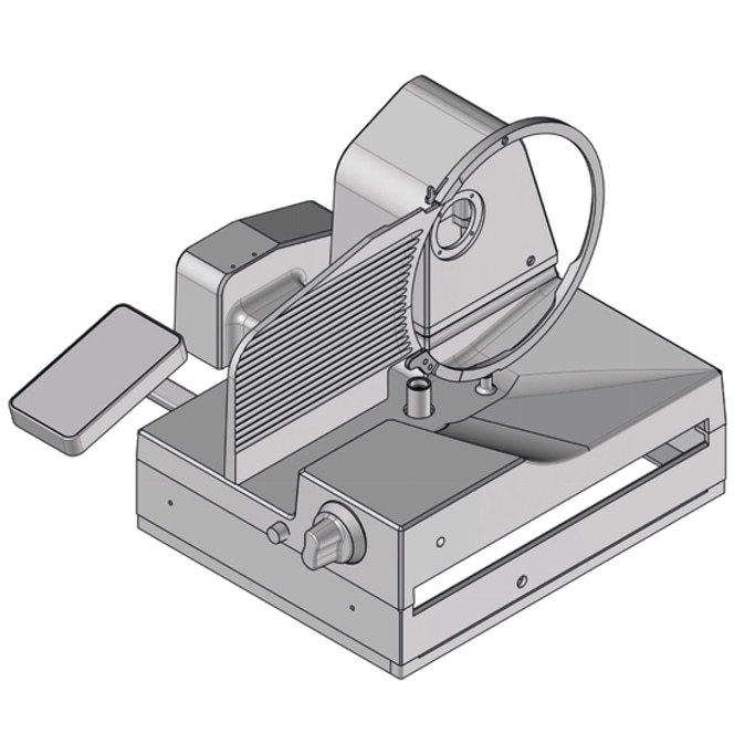 Affettatrice di carne, prospettiva grigia, vista dettagliata, disegno tecnico, elettrodomestico