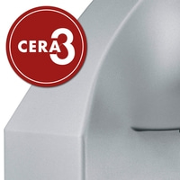 Red circle with white text CERA 3 on a gray background, close up