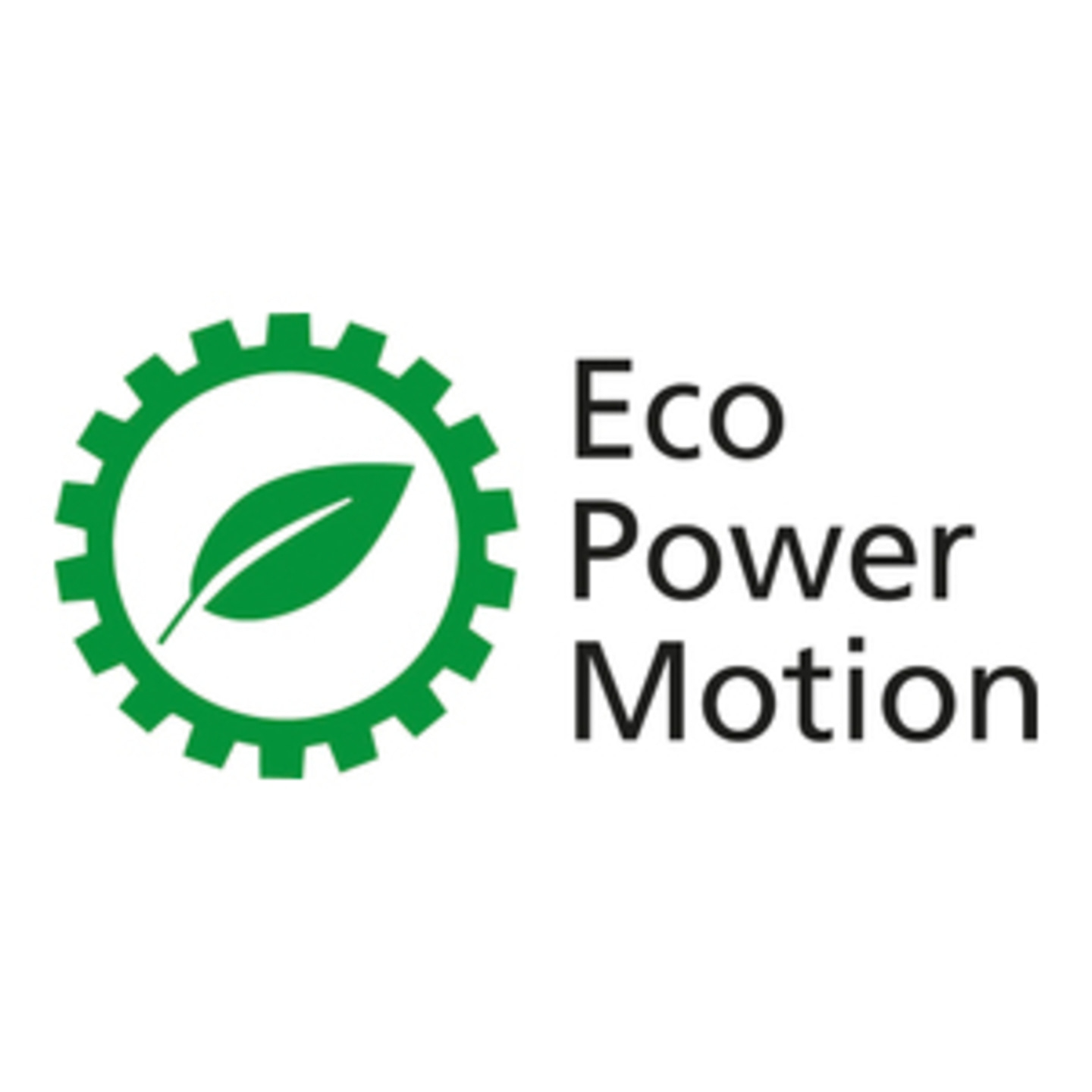 Logo vert avec engrenage, feuille et texte 'Eco Power Motion' sur fond blanc