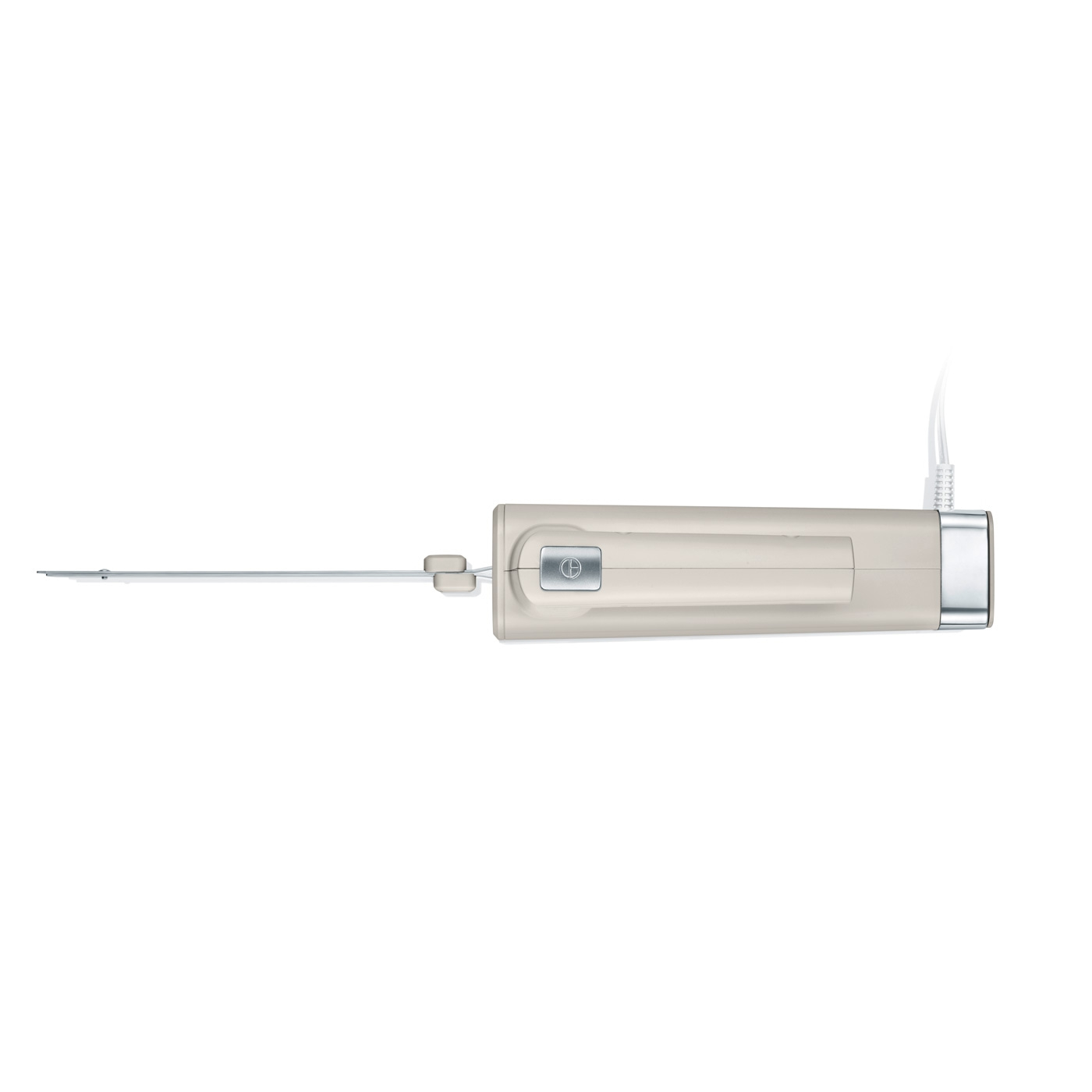 Medical device with needle and cable, cream-colored, on a white background