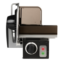 Electric food slicer with control panel and thickness adjustment dial for slicing.