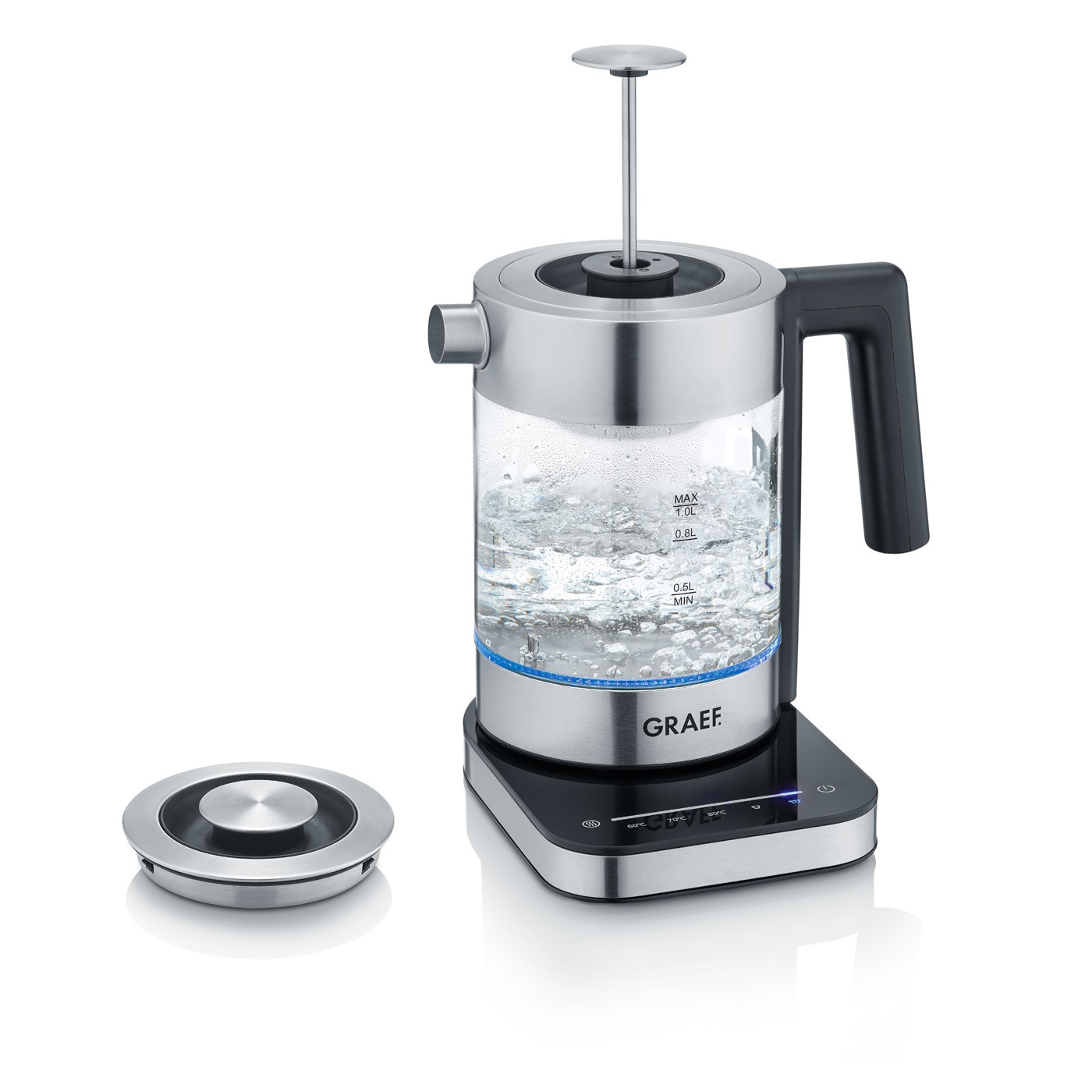 Glass and stainless steel kettle with temperature control and lid on white background