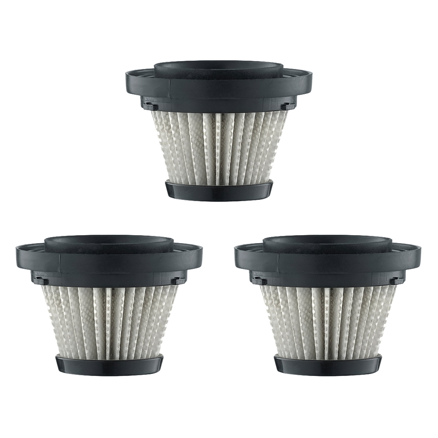 Trois filtres d'aspirateur noirs sur fond blanc, propres et neufs