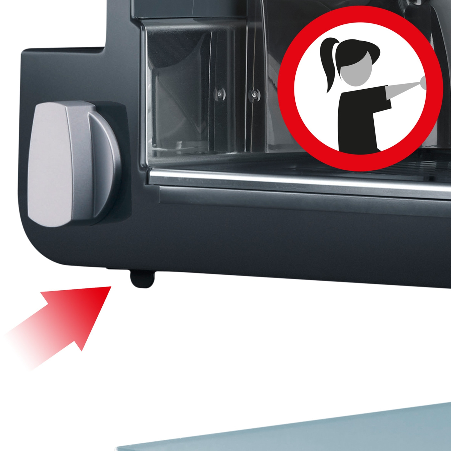 Panneau d'avertissement, flèche, machine, femme, cercle rouge, attention, consigne de sécurité, appareil, gros plan