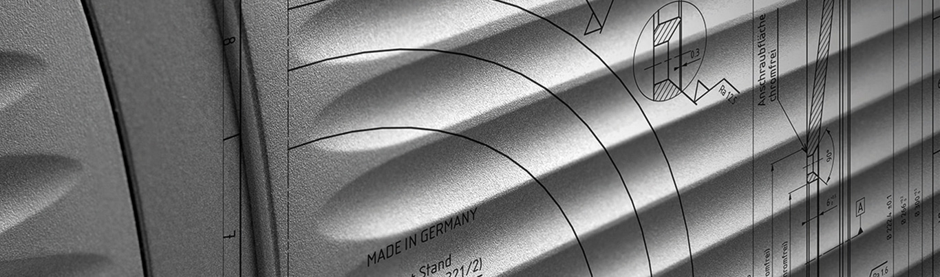Technical drawing with measurements, Made in Germany, detail view, angles, circles, and dimensions