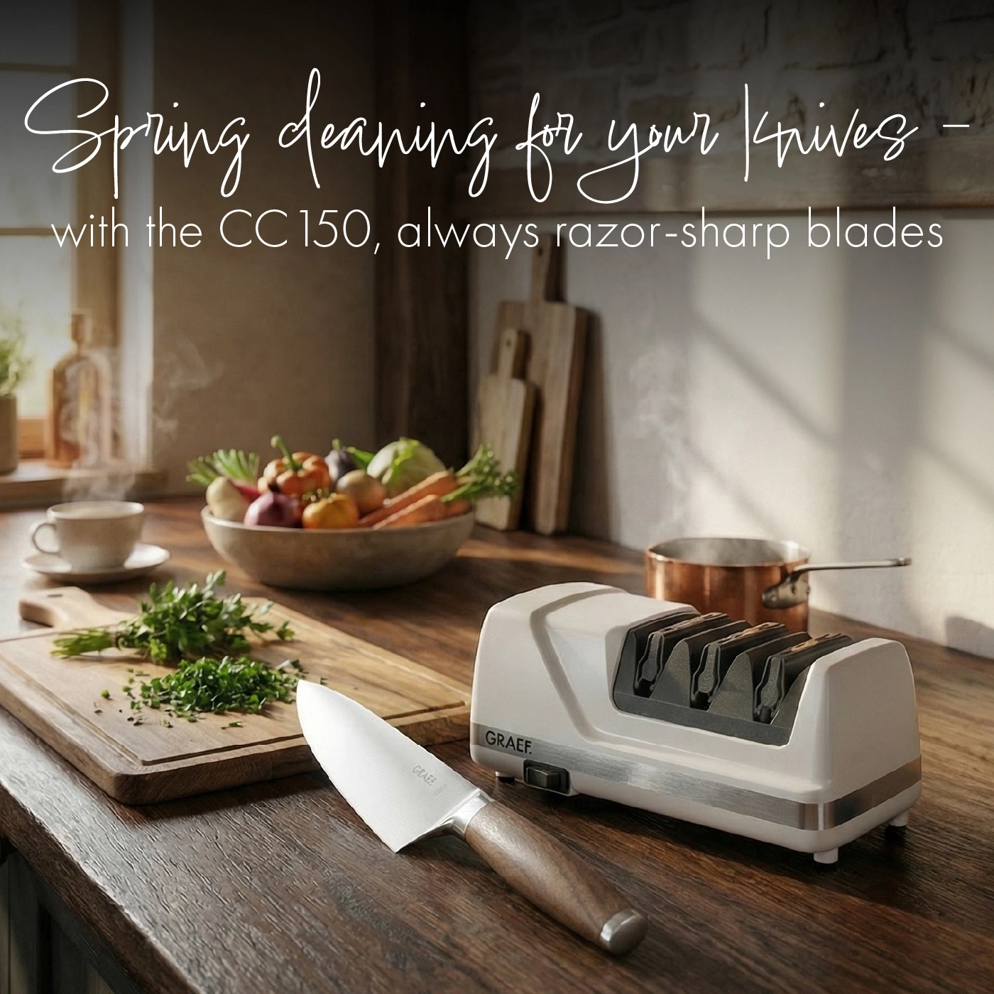 A Graef knife sharpener with a knife and herbs on a wooden table.
