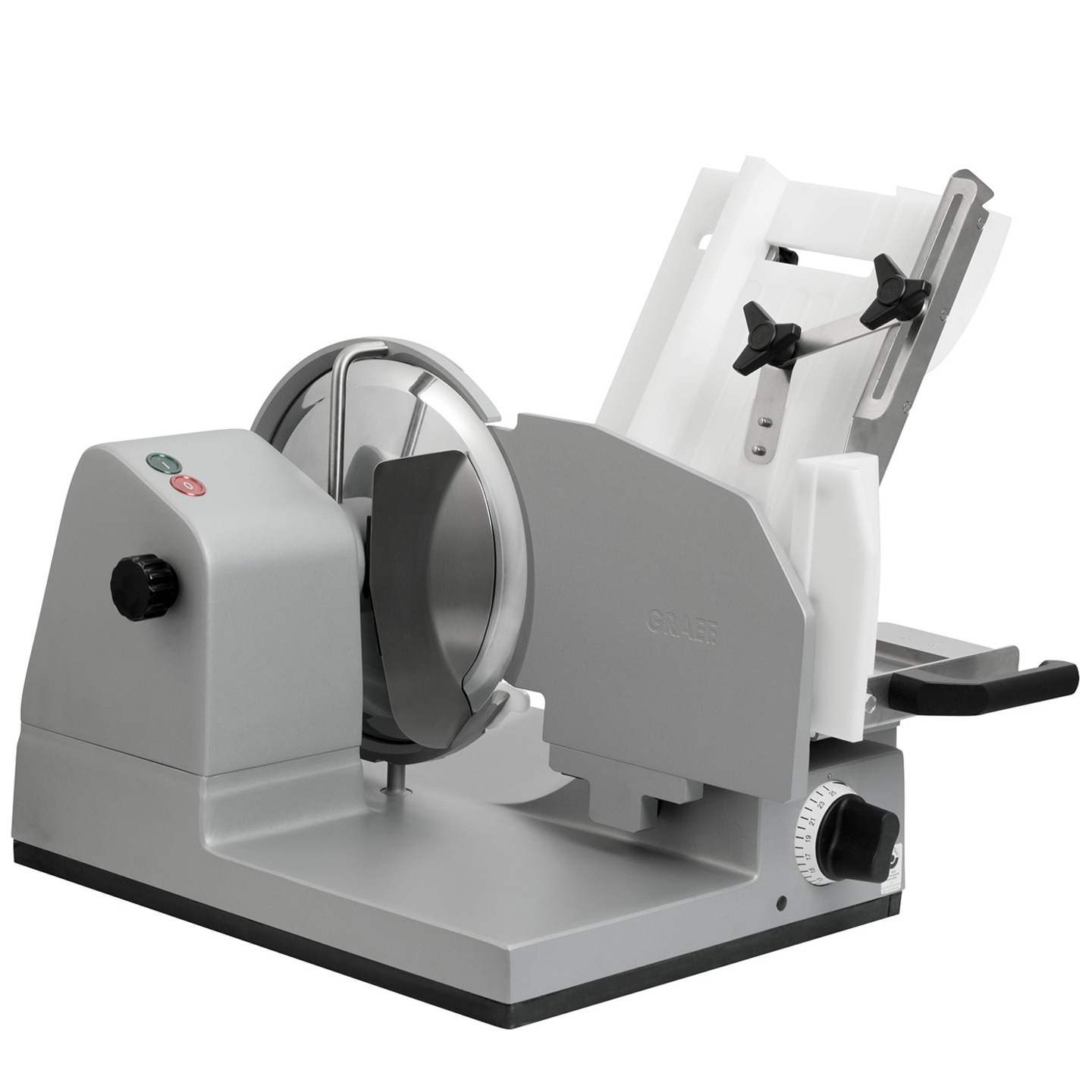 Gray electric food slicer with knobs and blades for slicing food products, kitchen appliance.