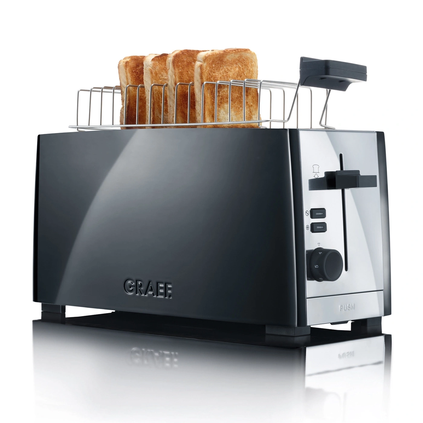 Graef toaster with toast, black and silver, modern design, kitchen appliance