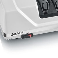Graef knife sharpener, white, red switch, close-up, detail shot, appliance