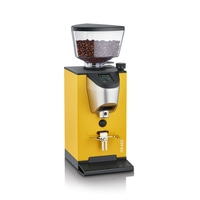 Yellow coffee grinder with beans, digital display, and GRAEF logo.