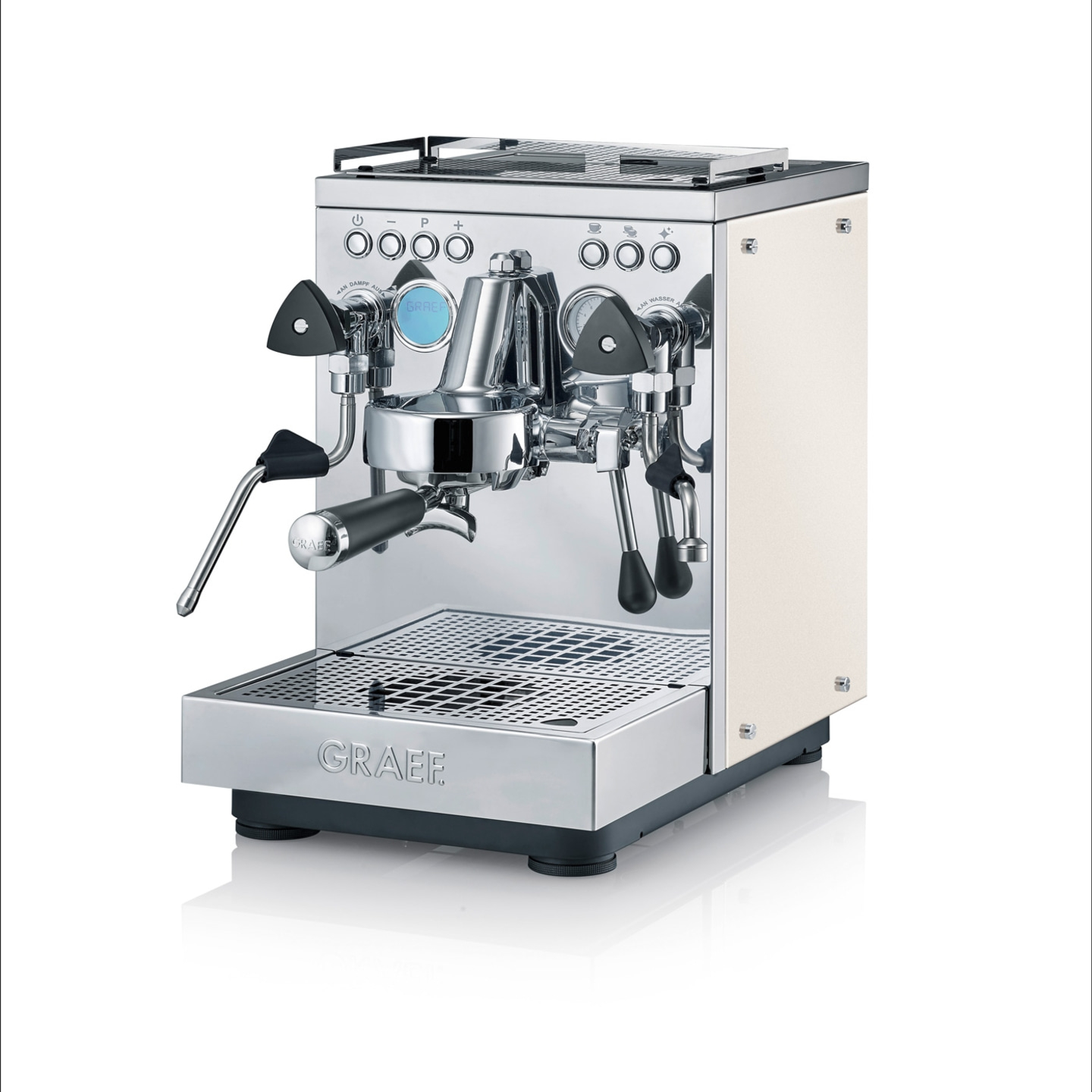 Silver and cream espresso machine with multiple buttons and intricate details.
