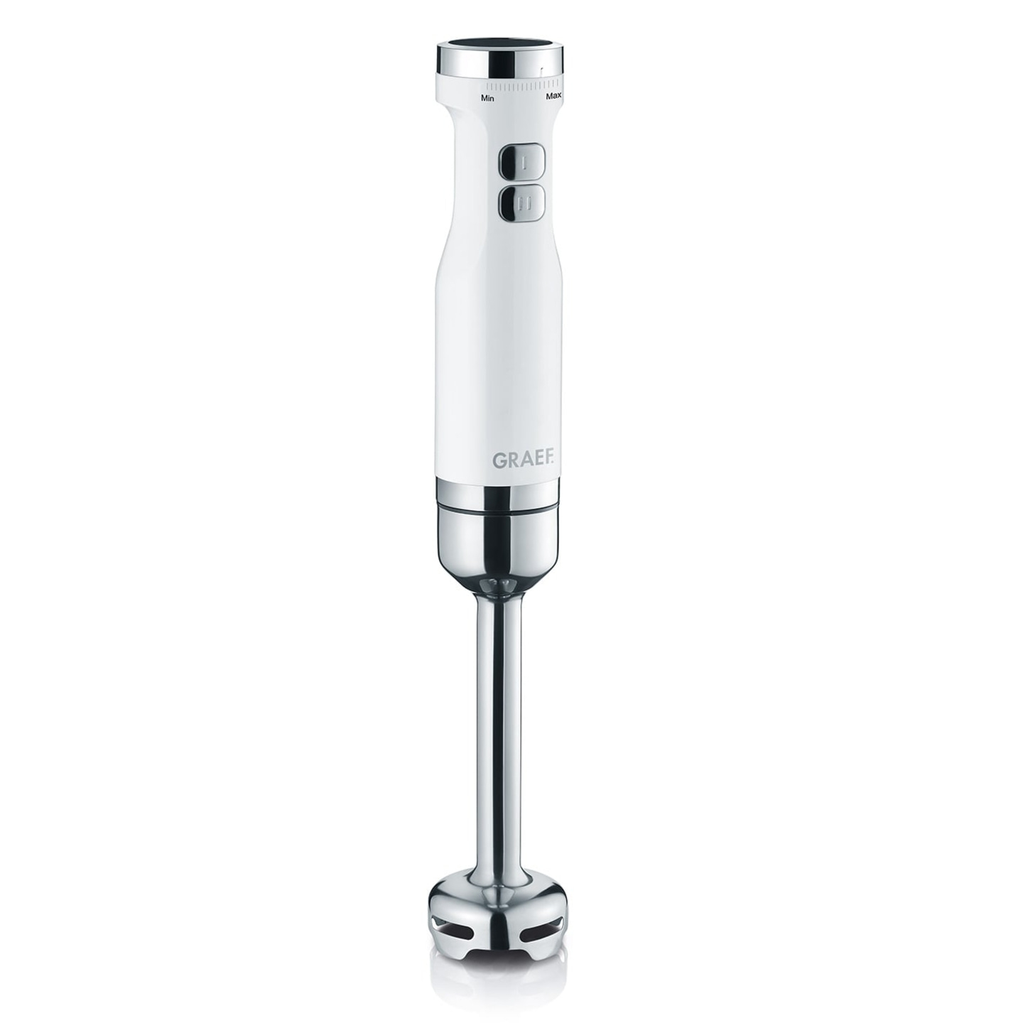 White immersion blender with GRAEF logo, Min/Max setting, and two buttons.