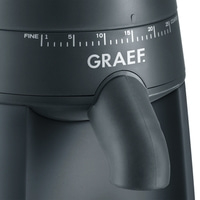 Close-up of a coffee grinder with adjustment dial and GRAEF logo.