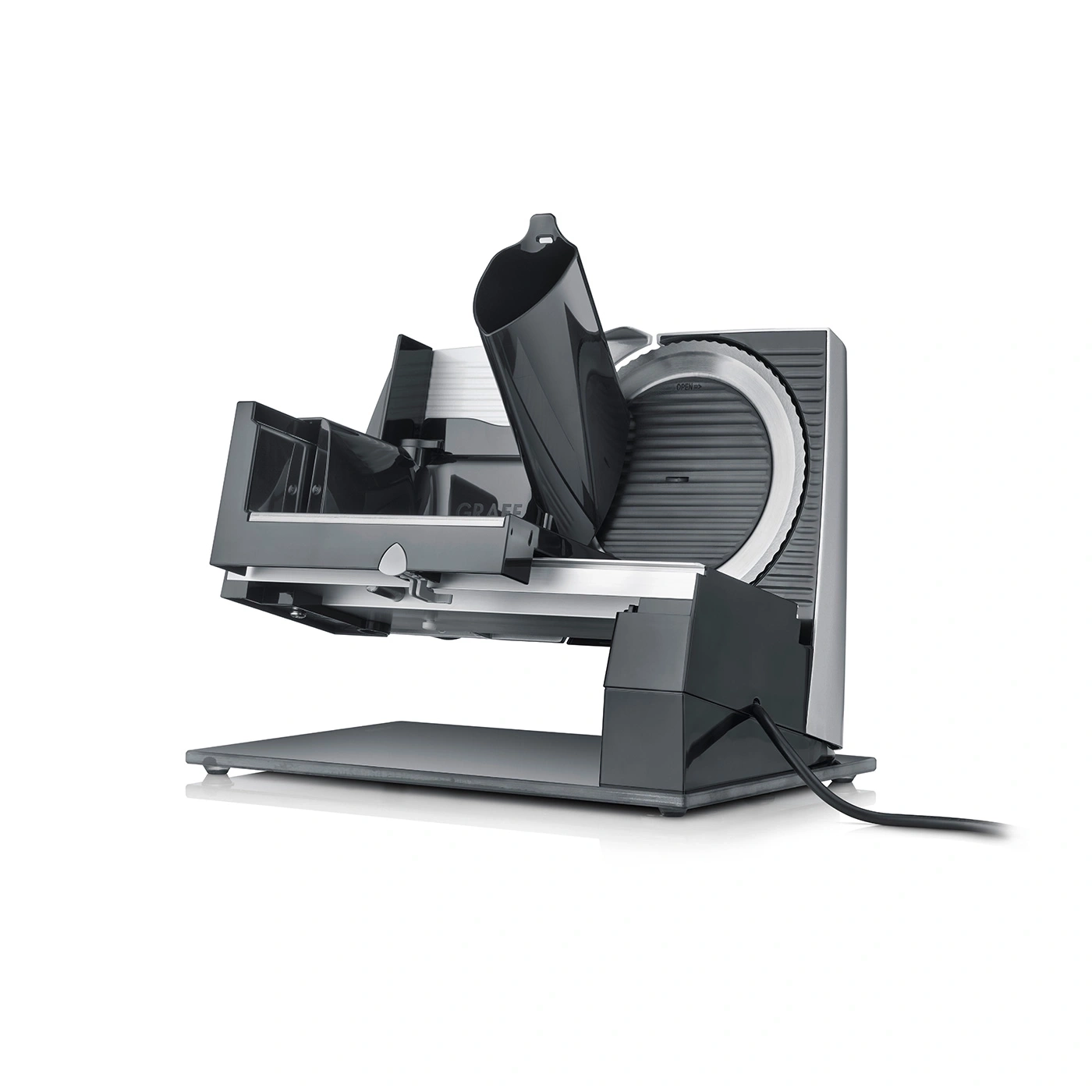 Graef electric food slicer, gray, with black accessories and power cord.