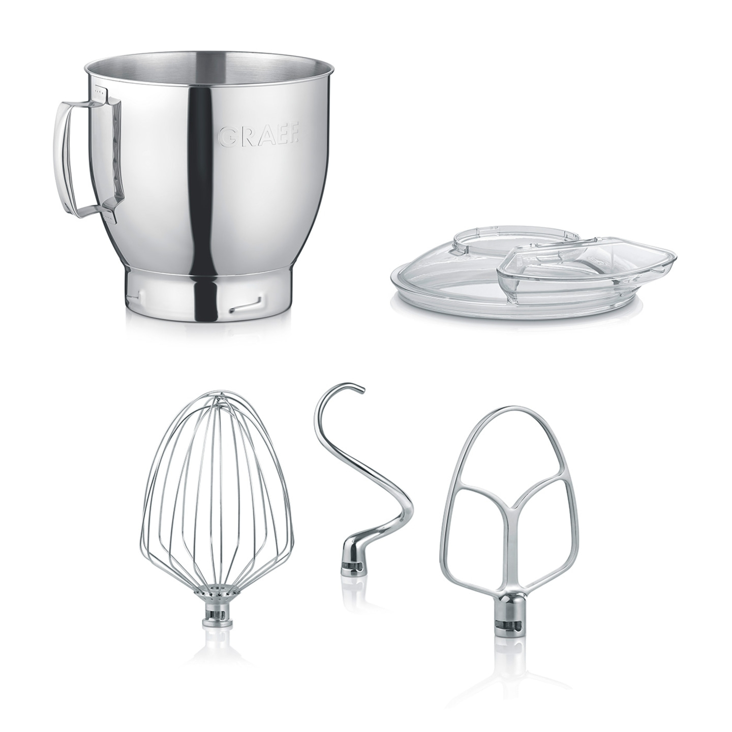 Robot culinaire avec accessoires: bol, couvercle, fouet, crochet pétrisseur, batteur. Acier inoxydable.