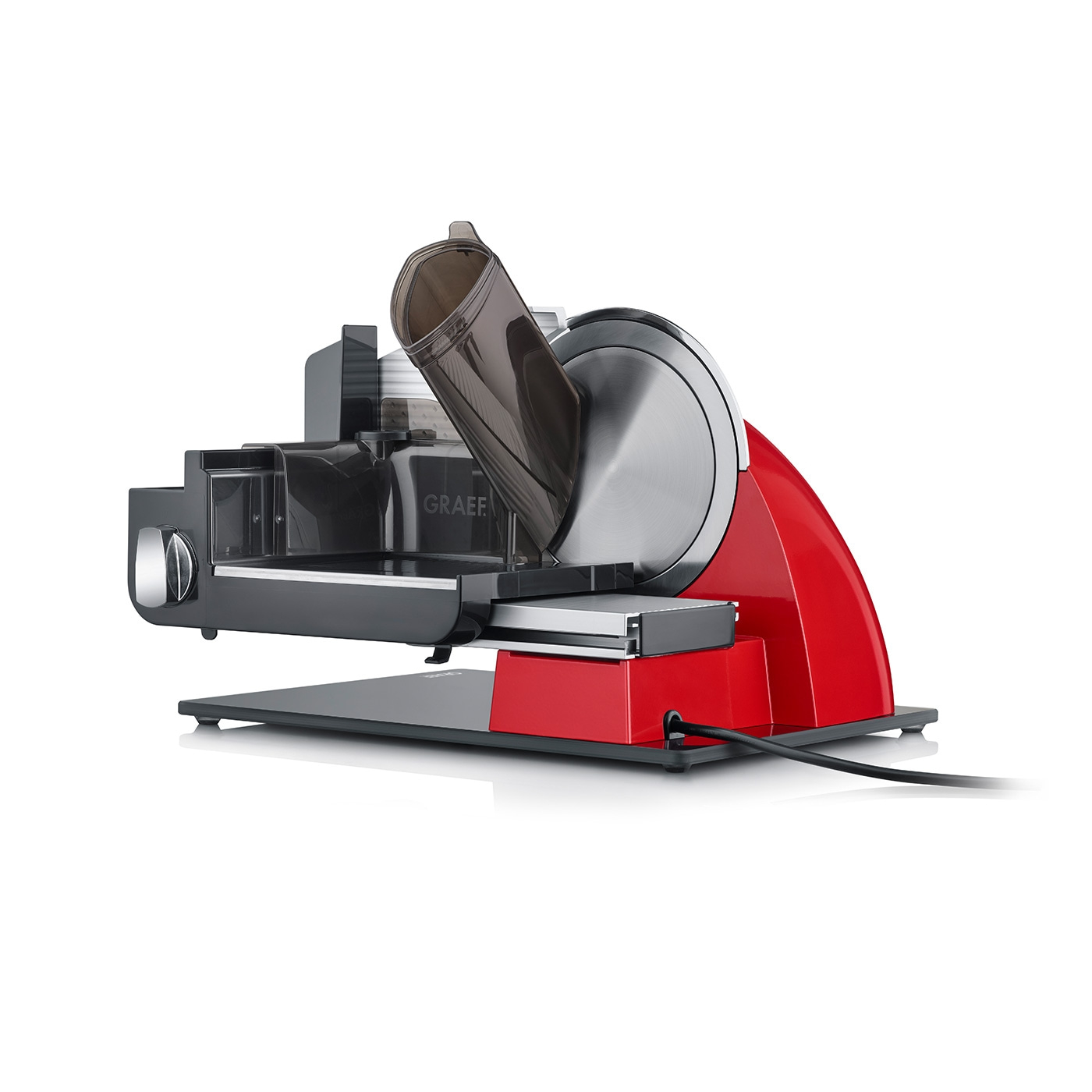 Red electric food slicer with gray housing and power cord