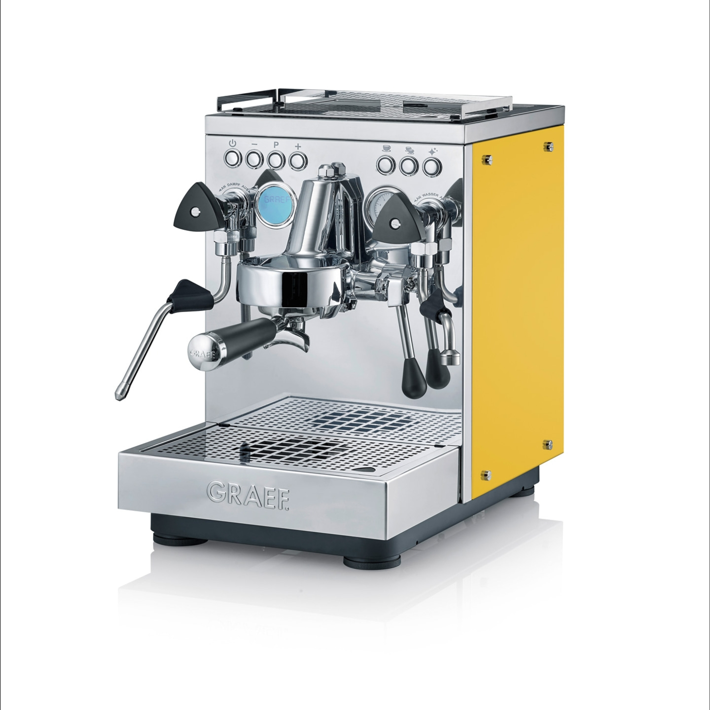 Machine à expresso jaune avec éléments argentés et logo GRAEF.