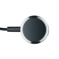 Disque noir rond avec bord argenté et câble, isolé sur fond blanc.