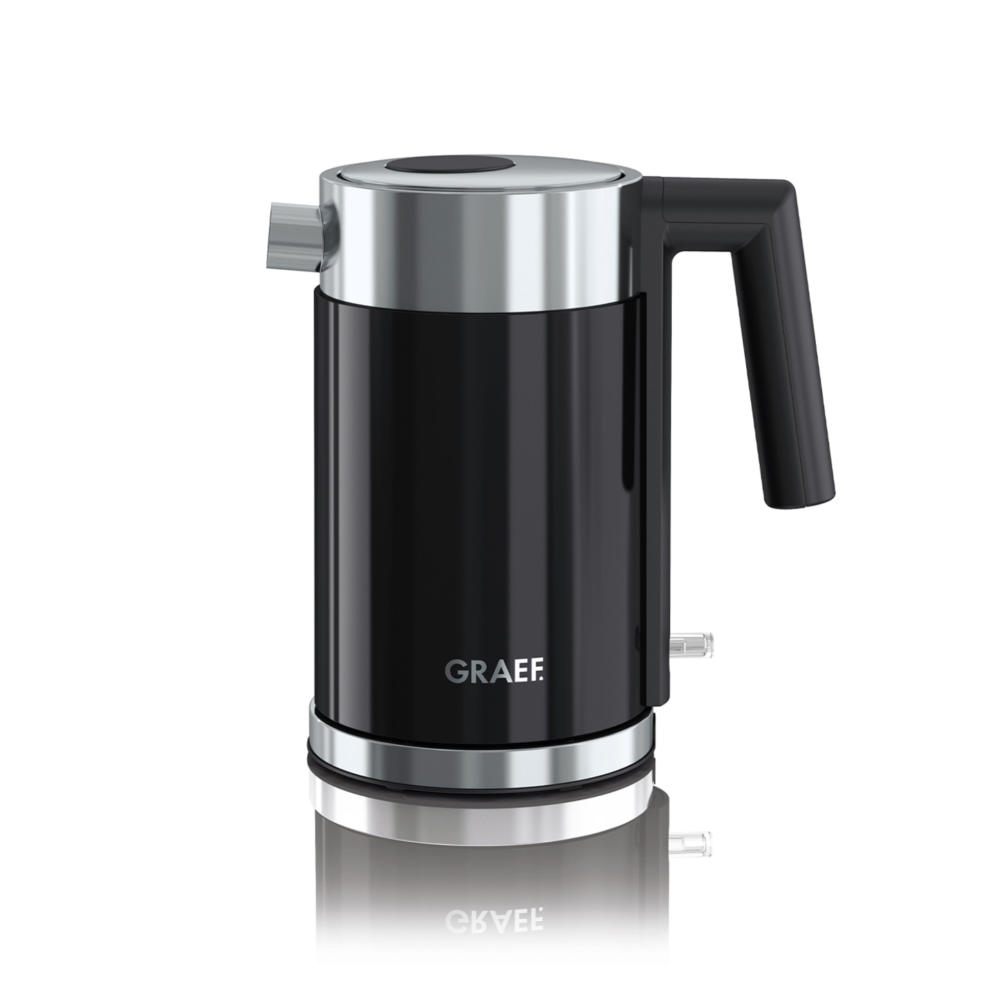 Black electric kettle with silver accents and GRAEF logo on a white background