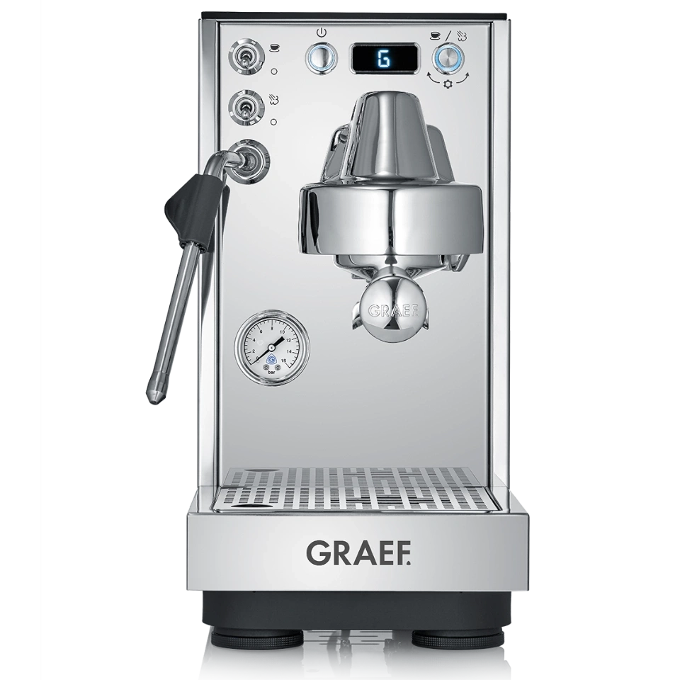 Machine à expresso chromée avec manomètre, logo GRAEF, affichage numérique et buse vapeur