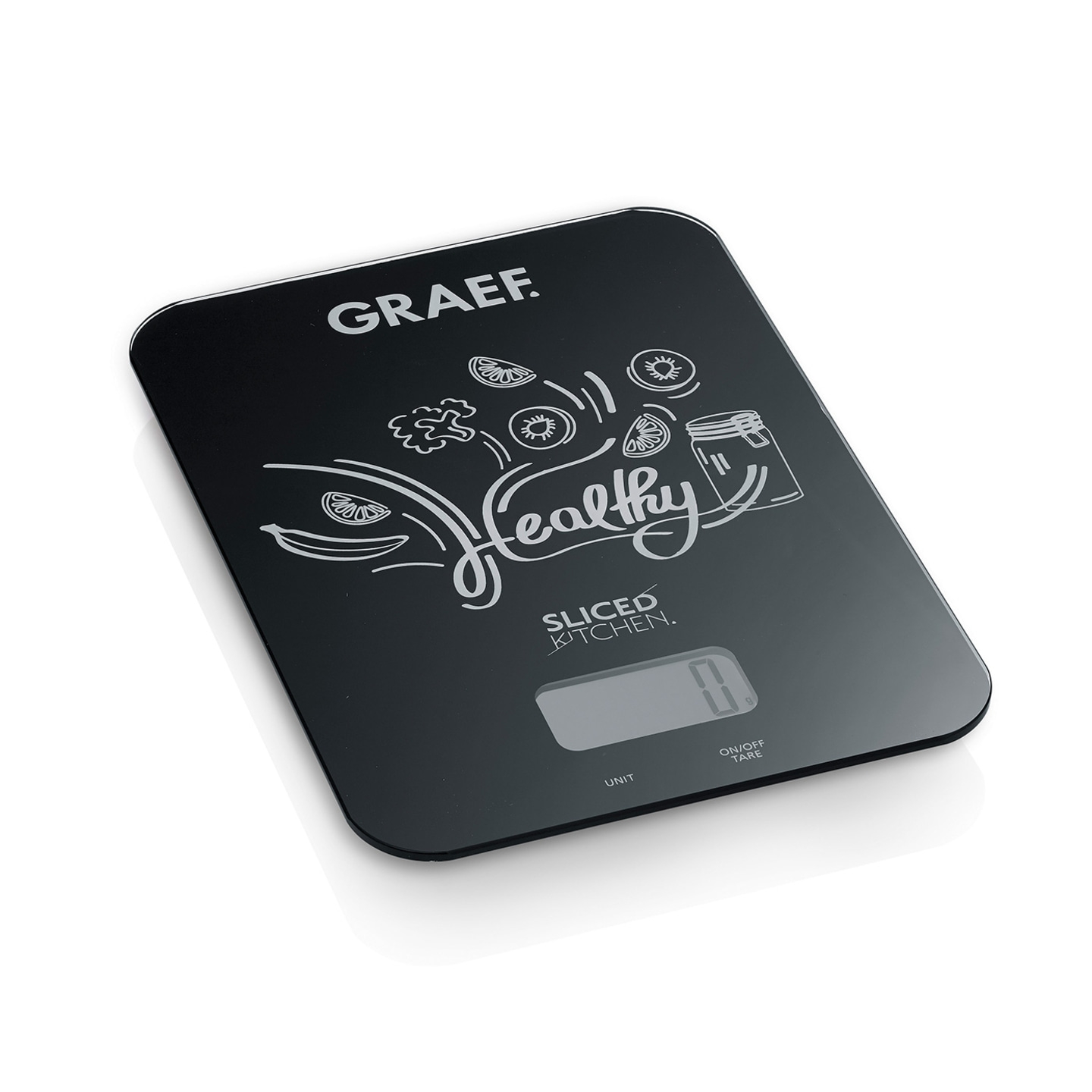Black kitchen scale with fruit illustration and digital display, GRAEF brand.