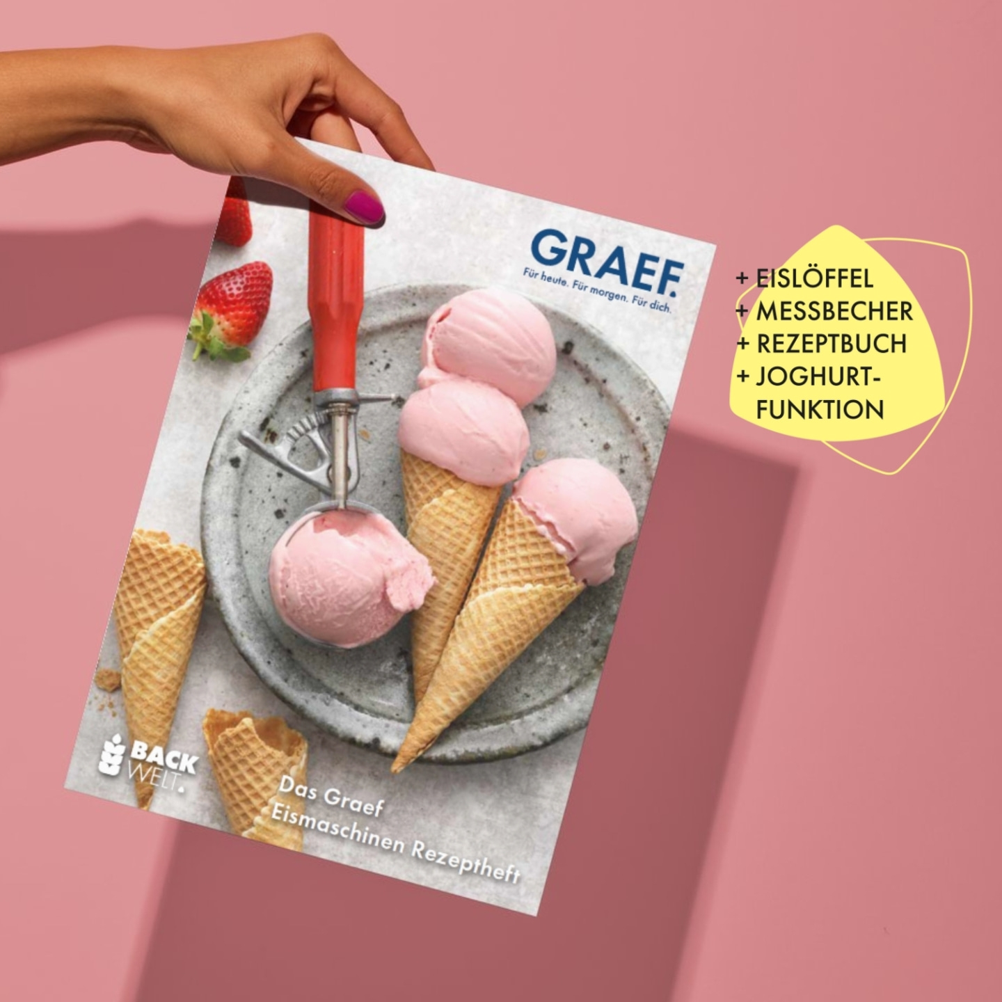 Ice cream magazine with ice cream, ice cream scoop and ice cream cones on pink background