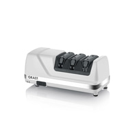 White electric knife sharpener with three slots, brand GRAEF, and a power button.