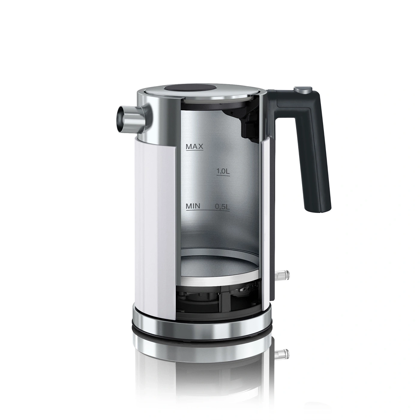Bouilloire, acier inoxydable, blanc, noir, poignée, MAX, MIN, 1,0L, 0,5L, cuisine, appareil