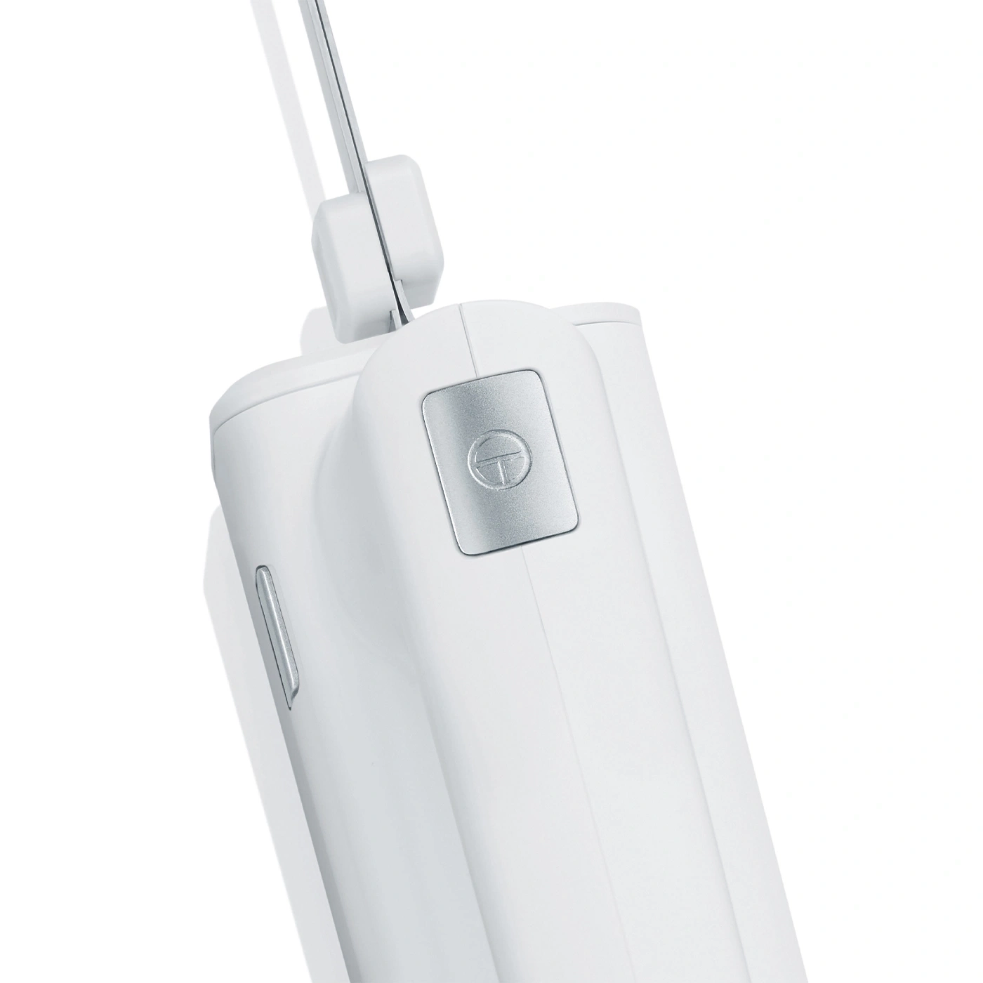 White device with silver buttons and a light bar, close-up shot, isolated on white