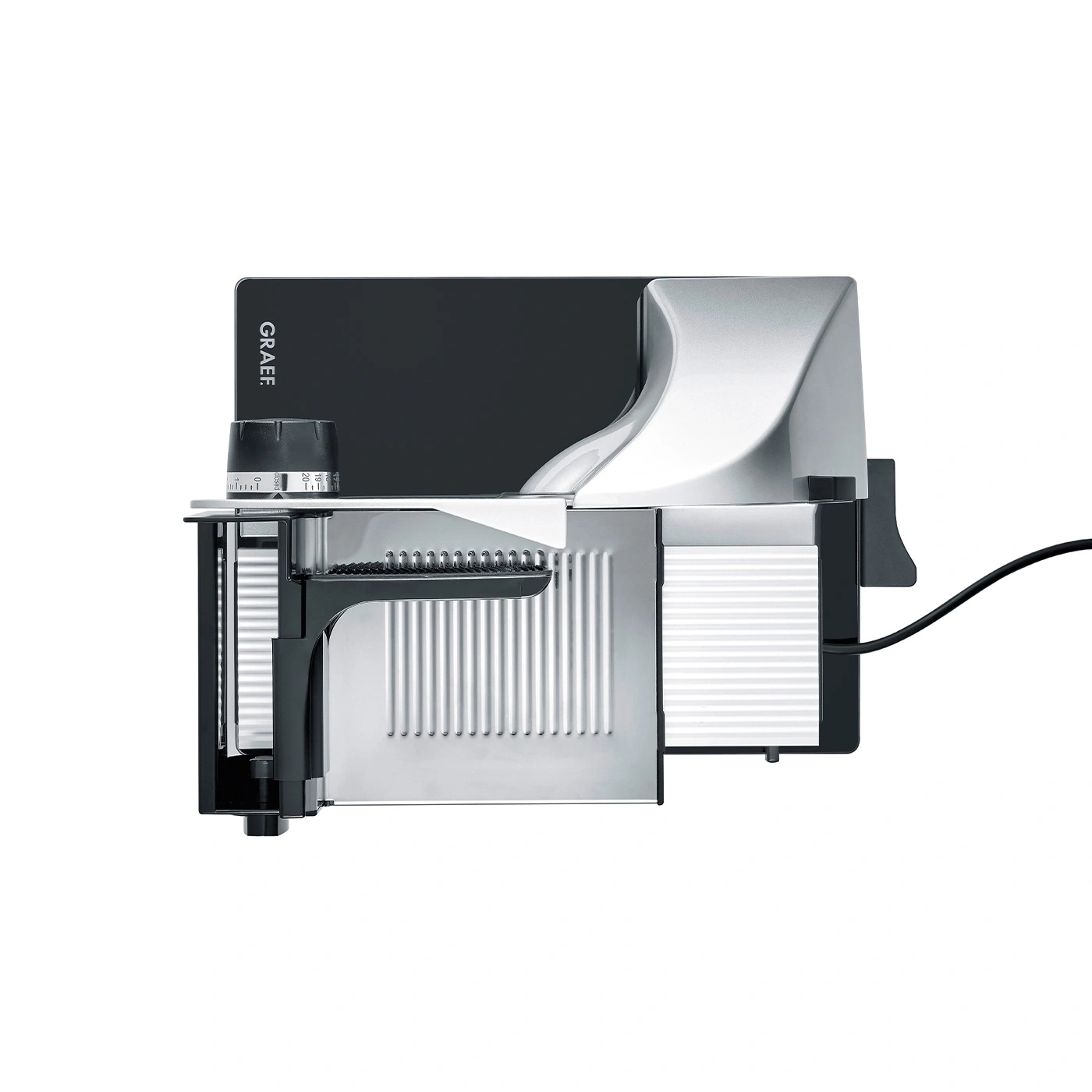 Graef electric food slicer, silver and black, close-up, isolated on white background