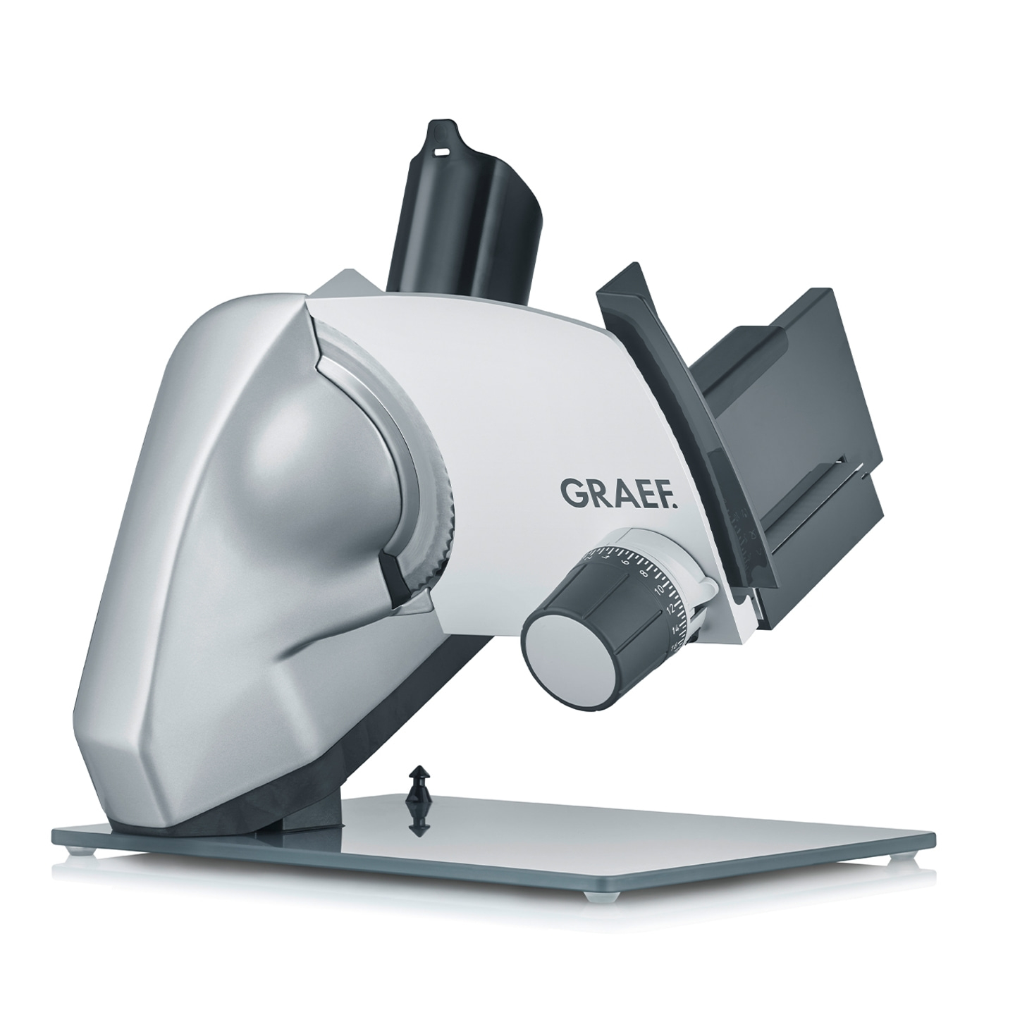 Trancheuse Graef, argent et blanc, avec molette de réglage et dispositif de coupe, isolé