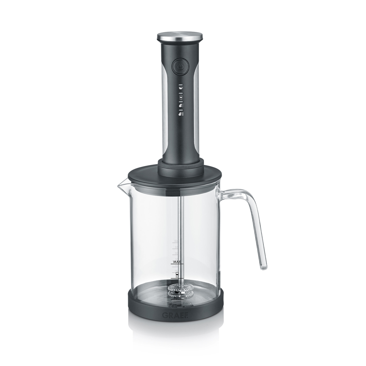 Electric milk frother with glass container, handle, gray and silver design