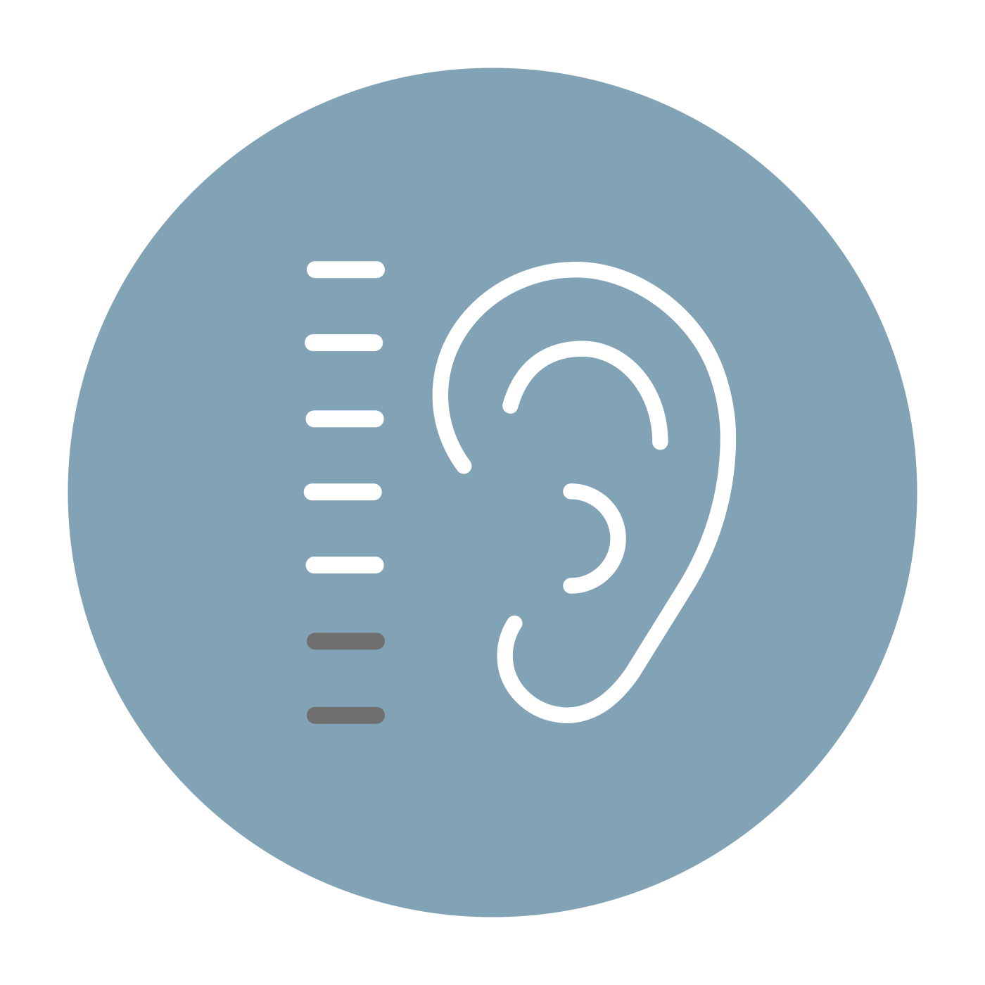 Ear symbol with measurement scale in a blue circle on black background