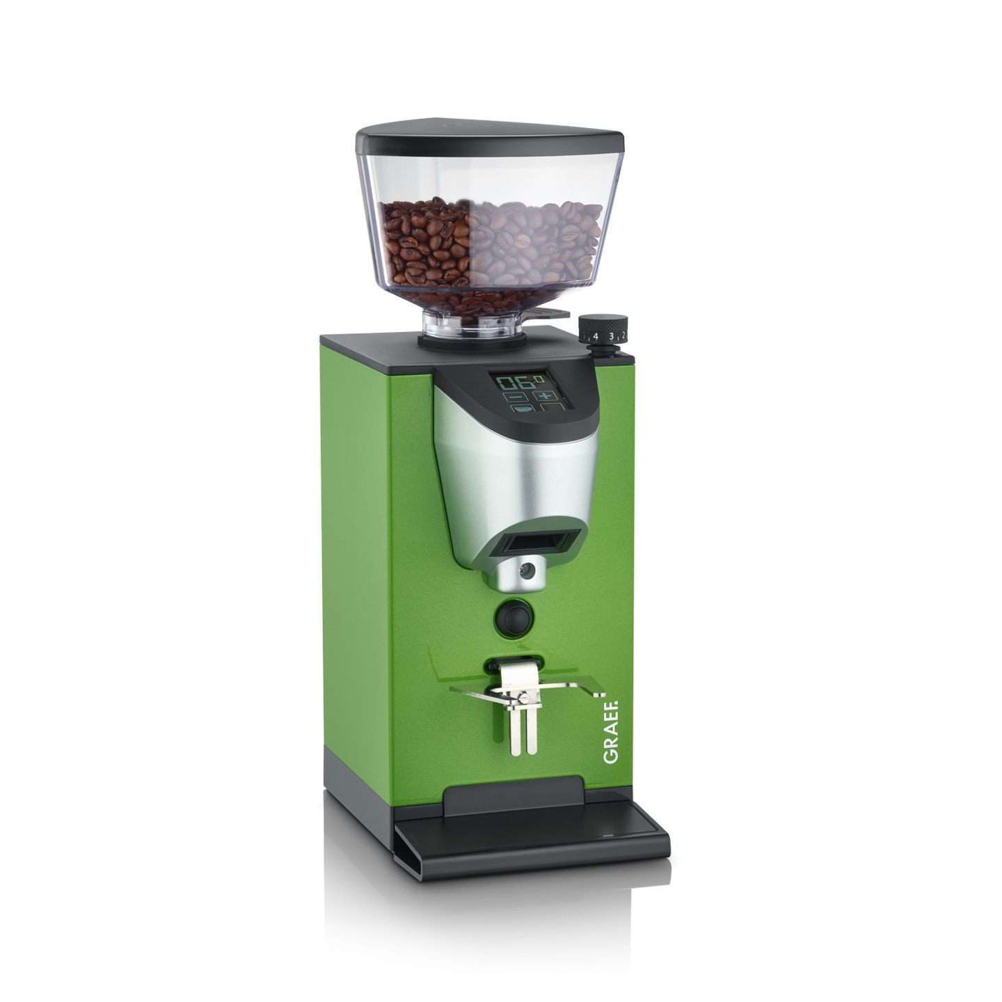 Green coffee grinder with beans, digital display, and GRAEF logo.