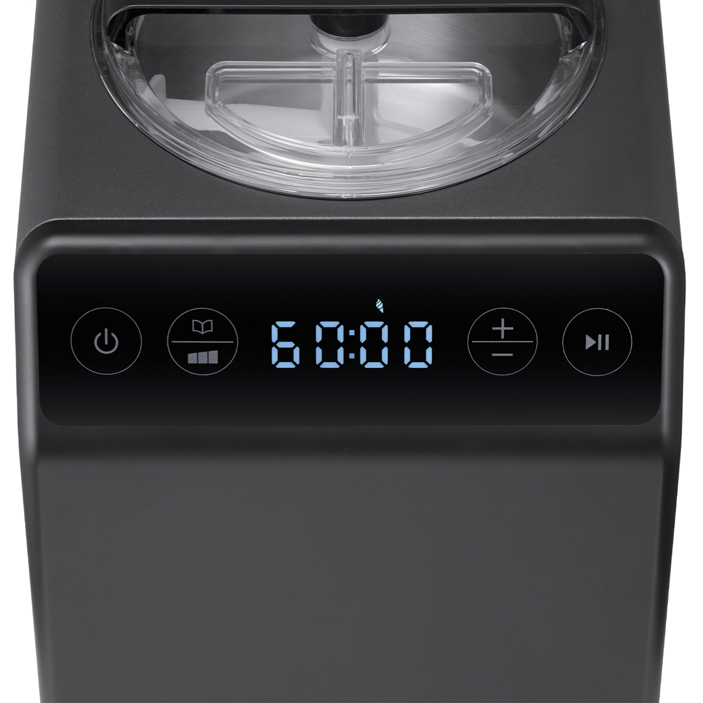 Ice cream machine with digital display, buttons, and a timer showing 60:00 minutes.