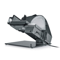 Affettatrice elettrica grigia inclinata con piastra di vetro e cavo